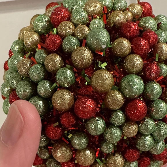 Vintage Handmade Festive Beaded and Tinsel Christmas Ornament- Red, Gold, Green - Picture 5 of 8